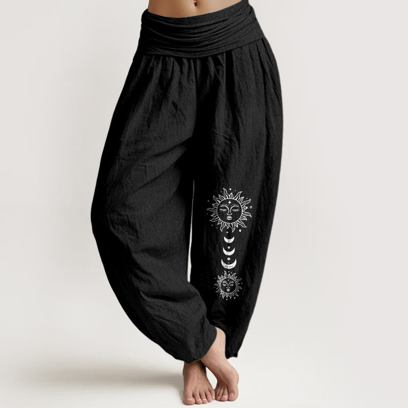 Buddha Stones Bohemian Sun Moon Pattern Women's Elastic Waist Harem Pure Cotton Pants - Black - US16，UK/AU20，EU48 (3XL) - image 5