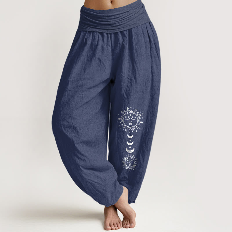 Buddha Stones Bohemian Sun Moon Pattern Women's Elastic Waist Harem Pure Cotton Pants - DarkSlateBlue - US16，UK/AU20，EU48 (3XL) - image 8