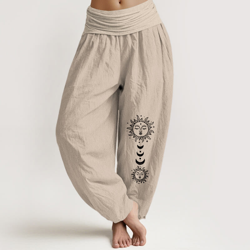 Buddha Stones Bohemian Sun Moon Pattern Women's Elastic Waist Harem Pure Cotton Pants - Tan - US16，UK/AU20，EU48 (3XL) - image 11
