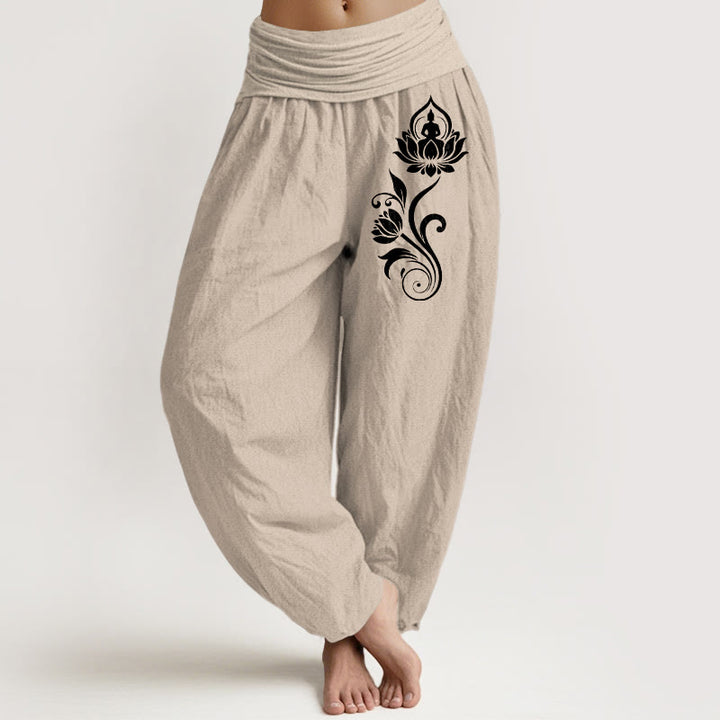 Buddha Stones Sitting Buddha Lotus Floral Pattern Elastic Waist Women's Harem Pure Cotton Pants - Tan - US16，UK/AU20，EU48 (3XL) - image 11
