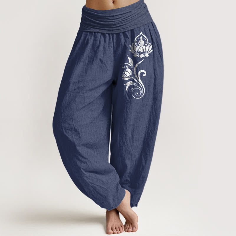 Buddha Stones Sitting Buddha Lotus Floral Pattern Elastic Waist Women's Harem Pure Cotton Pants - DarkSlateBlue - US16，UK/AU20，EU48 (3XL) - image 0