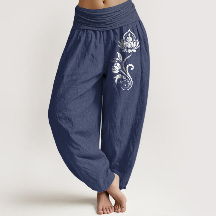 Buddha Stones Sitting Buddha Lotus Floral Pattern Elastic Waist Women's Harem Pure Cotton Pants - DarkSlateBlue - US16，UK/AU20，EU48 (3XL) - image 0