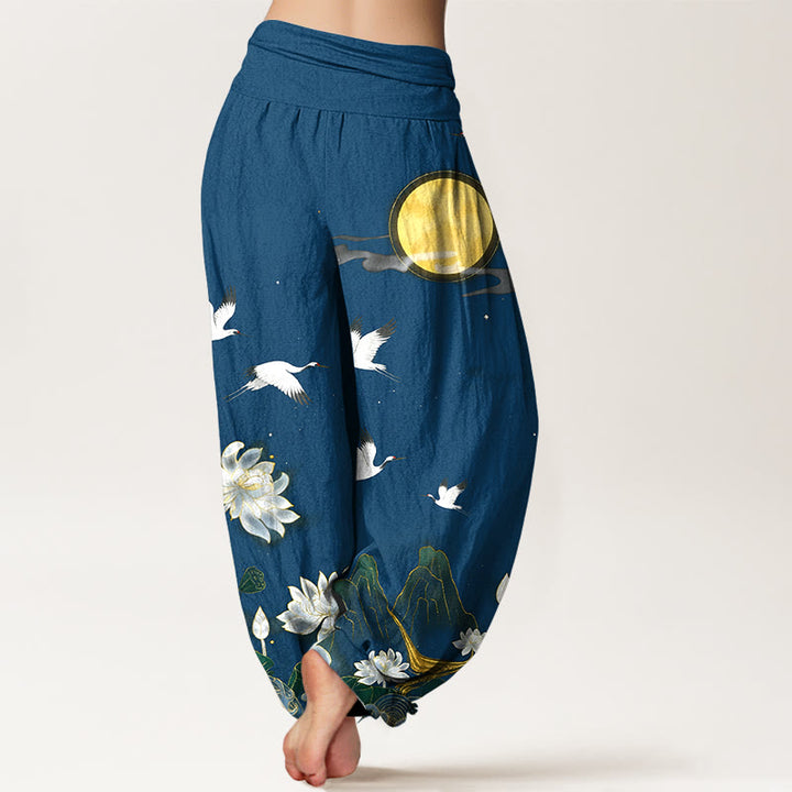 Buddha Stones Pure Cotton Crane Blooming Lotus Moon Mountain Women's Elastic Waist Harem Pants - image 9