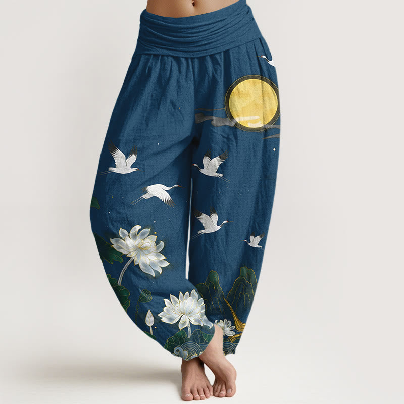 Buddha Stones Pure Cotton Crane Blooming Lotus Moon Mountain Women's Elastic Waist Harem Pants - SteelBlue - US16，UK/AU20，EU48 (3XL) - image 8