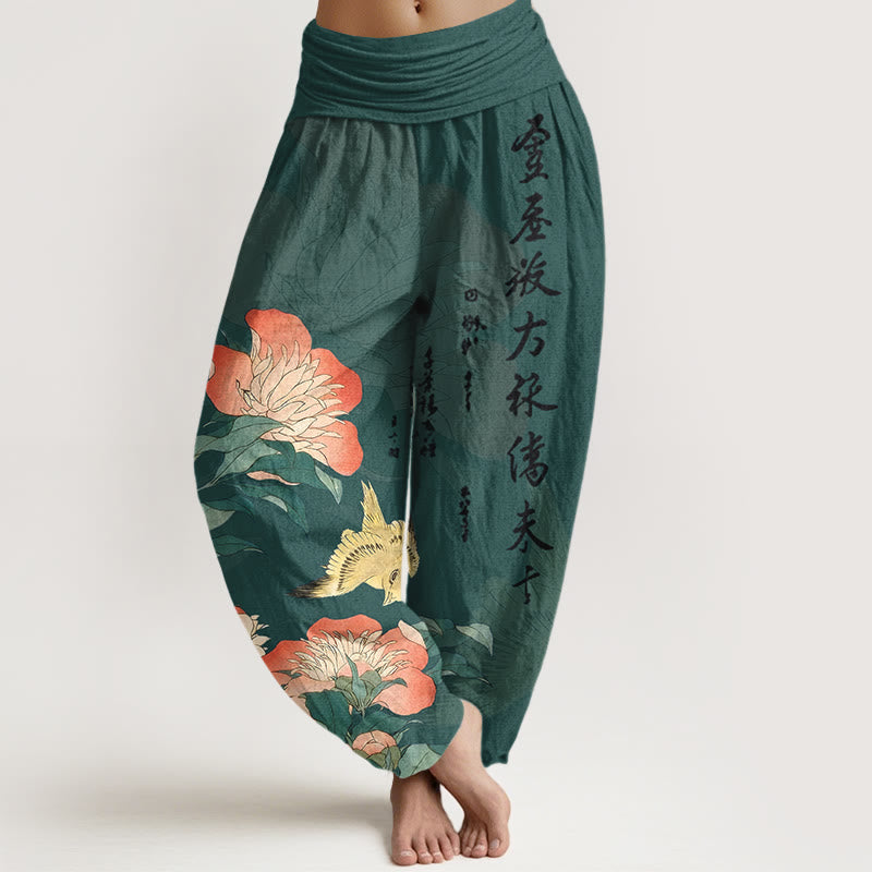Buddha Stones Pure Cotton Peony Bird Calligraphy Women's Elastic Waist Harem Pants - DarkSlateGray - US16，UK/AU20，EU48 (3XL) - image 8