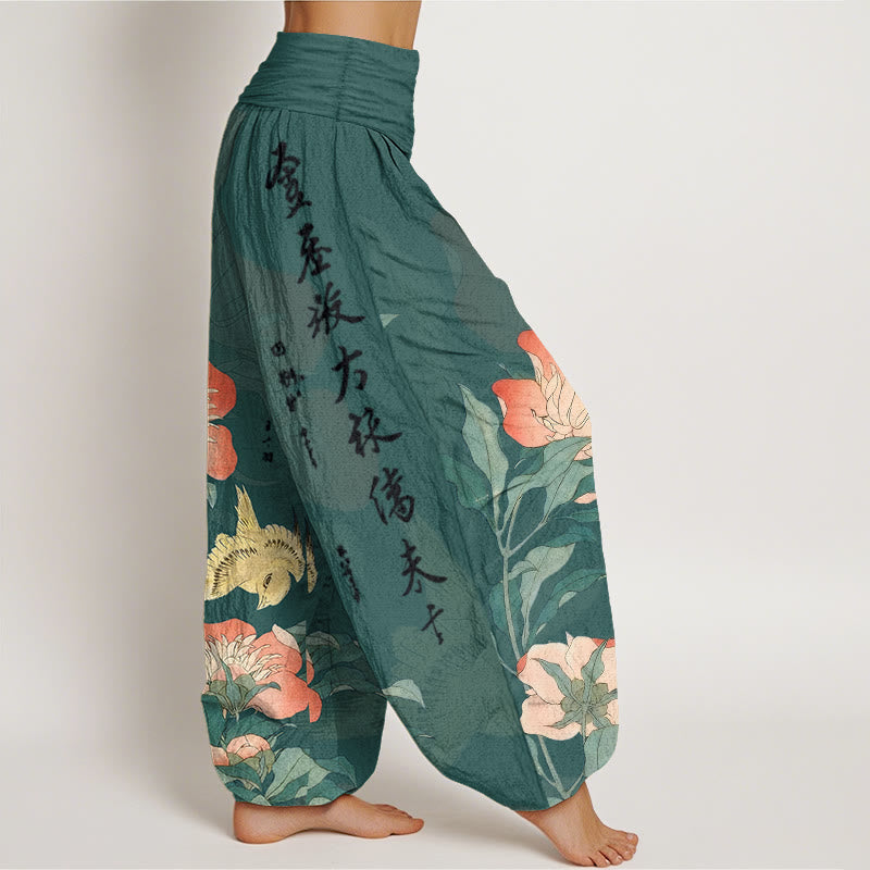 Buddha Stones Pure Cotton Peony Bird Calligraphy Women's Elastic Waist Harem Pants - image 10