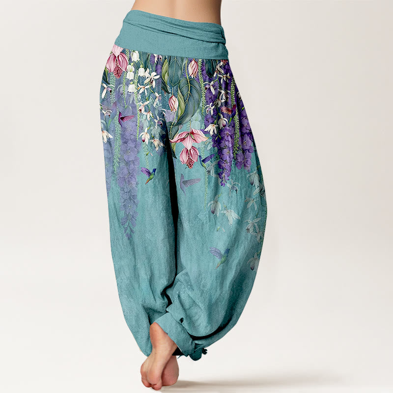 Buddha Stones Pure Cotton Orchid Birds Pattern Women's Elastic Waist Harem Pants - image 1