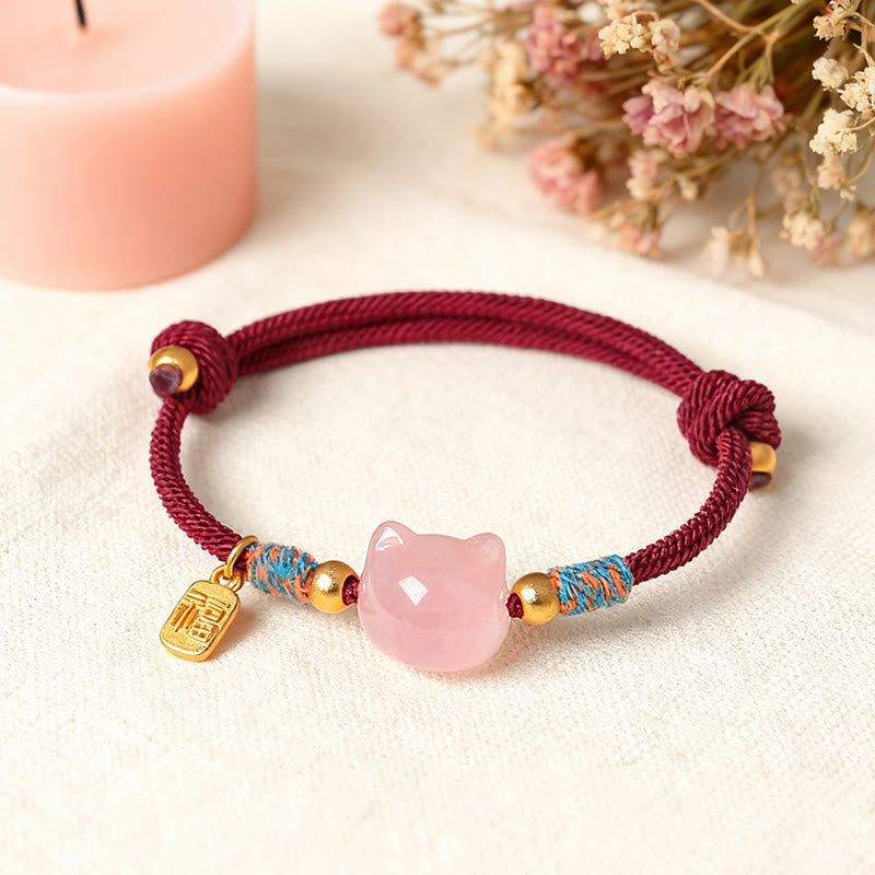 Buddha Stones Cat Fu Character Silver Sheen Obsidian Pink Crystal String Protection Bracelet - image 14