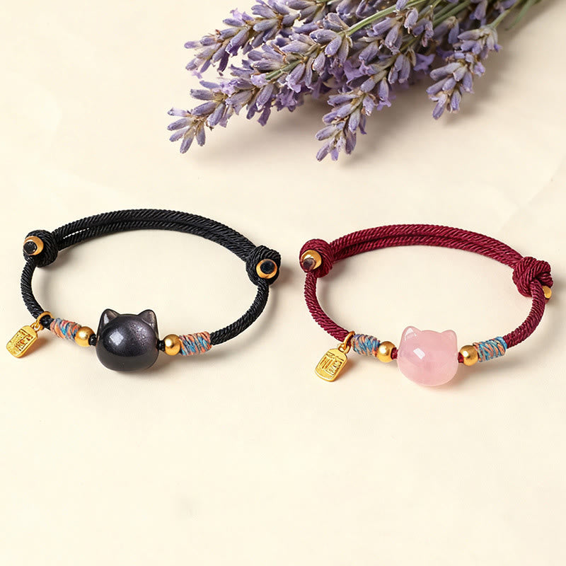 Buddha Stones Cat Fu Character Silver Sheen Obsidian Pink Crystal String Protection Bracelet - image 17