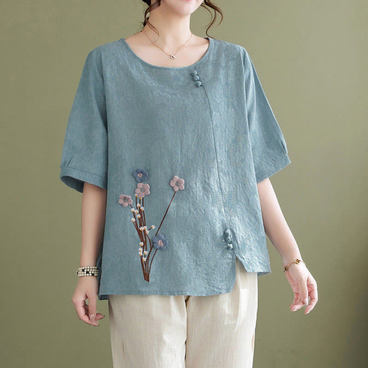 Buddha Stones Three-dimensional Flowers Design Crew Neck Short Sleeve Cotton Women's Shirt - LightBlue - US12，UK/AU16，EU44 (3XL) - image 0