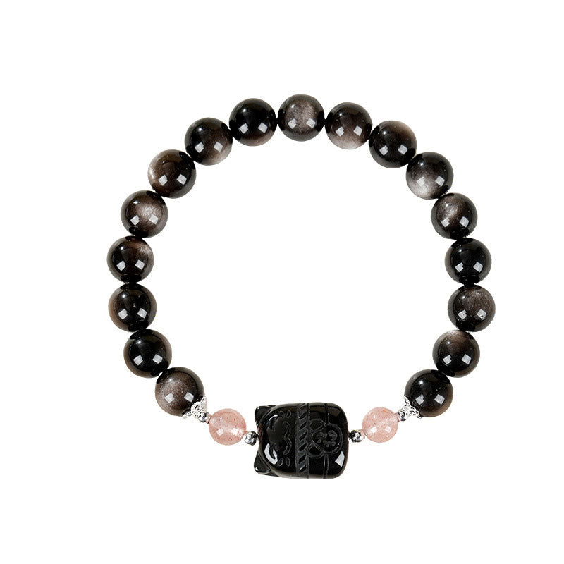 Buddha Stones Cat Silver Sheen Obsidian Strawberry Quartz Protection Bracelet - image 9