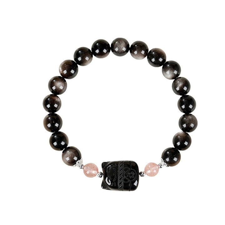 Buddha Stones Cat Silver Sheen Obsidian Strawberry Quartz Protection Bracelet - image 9