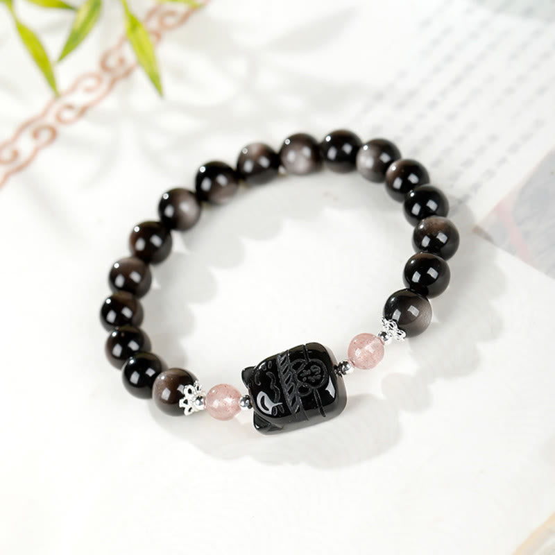 Buddha Stones Cat Silver Sheen Obsidian Strawberry Quartz Protection Bracelet - image 1