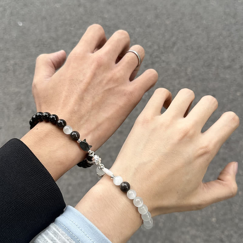 Buddha Stones Cat Head White Cat's Eye Silver Sheen Obsidian Positive Bracelet - image 8