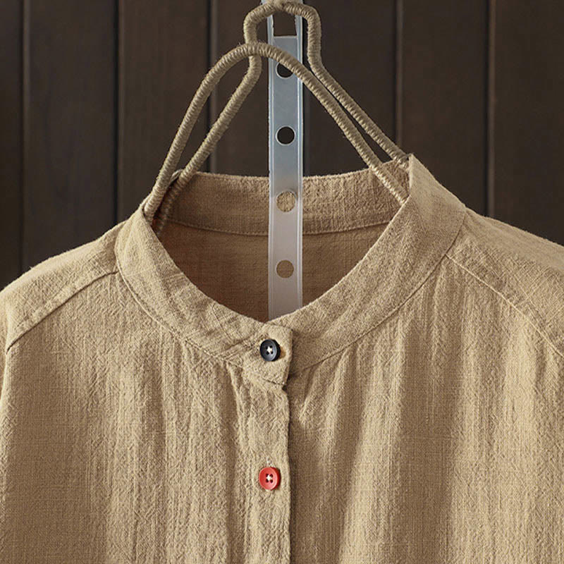 Buddha Stones Fall Solid Color Crew Neck Colorful Buttons Down Design Women's Cotton Long Sleeve Shirt - image 1