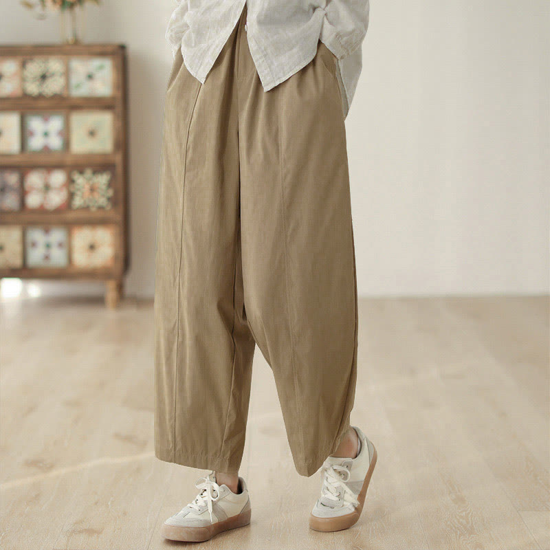 Buddha Stones Simple Lines Design Ankle-Length Cotton Women's Harem Pants With Pockets - Tan - US8-10，UK/AU12-14，EU40-42 (2XL) - image 5