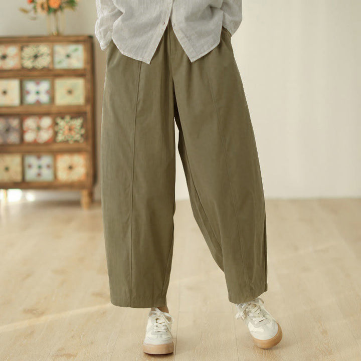 Buddha Stones Simple Lines Design Ankle-Length Cotton Women's Harem Pants With Pockets - DarkKhaki - US8-10，UK/AU12-14，EU40-42 (2XL) - image 9