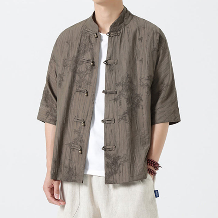 Buddha Stones Summer Pine Needles Pattern Short Sleeve Frog-Button Design Men's Shirt - image 3