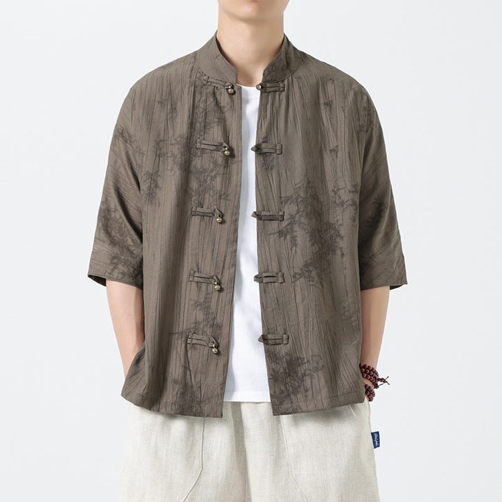 Buddha Stones Summer Pine Needles Pattern Short Sleeve Frog-Button Design Men's Shirt - image 5