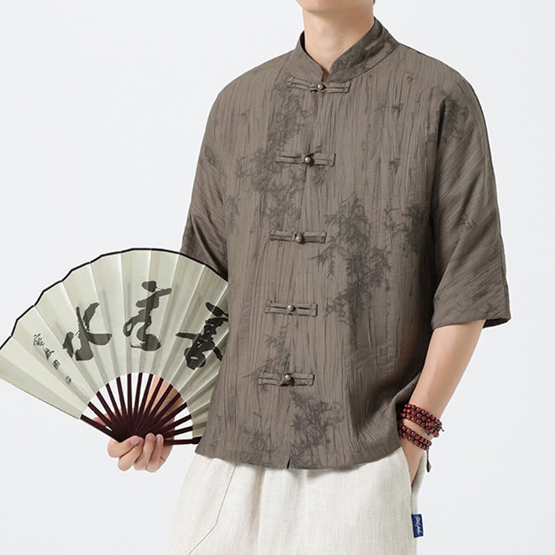 Buddha Stones Summer Pine Needles Pattern Short Sleeve Frog-Button Design Men's Shirt - image 6