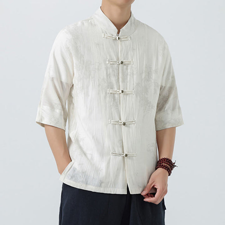 Buddha Stones Summer Pine Needles Pattern Short Sleeve Frog-Button Design Men's Shirt - image 10