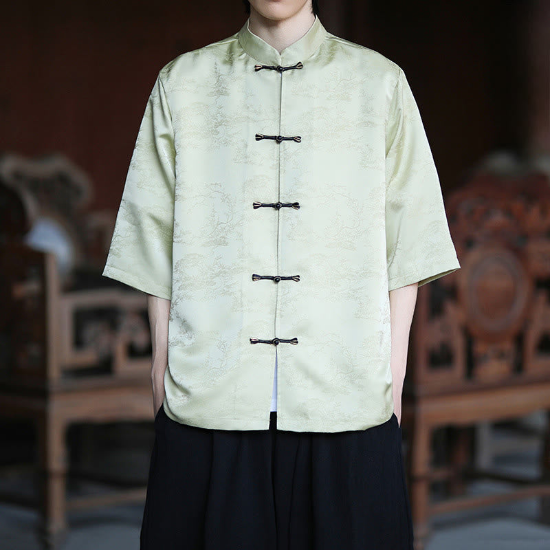 Buddha Stones Summer Pine Tree Mountain Pattern Half Sleeve Frog-Button Design Men's Shirt - image 1