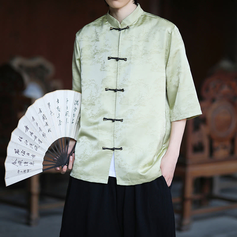 Buddha Stones Summer Pine Tree Mountain Pattern Half Sleeve Frog-Button Design Men's Shirt - PaleGreen - US/UK/AU46，EU56 (5XL) - image 0