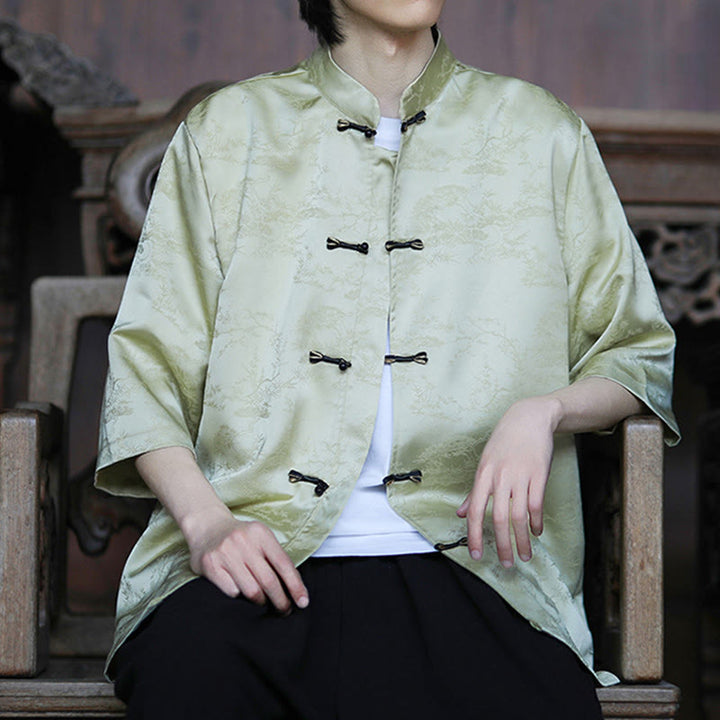 Buddha Stones Summer Pine Tree Mountain Pattern Half Sleeve Frog-Button Design Men's Shirt - image 6