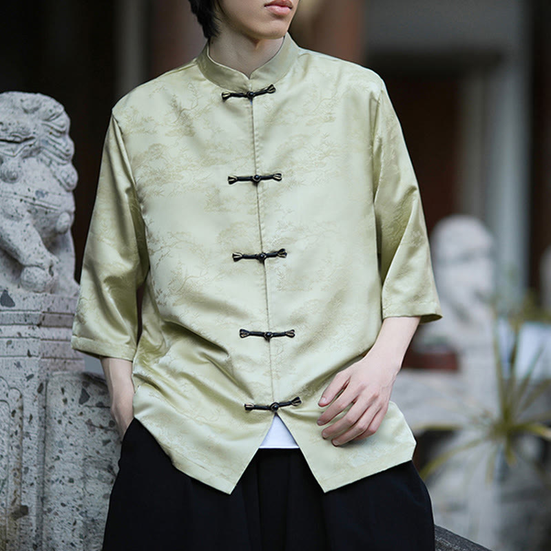 Buddha Stones Summer Pine Tree Mountain Pattern Half Sleeve Frog-Button Design Men's Shirt - image 5