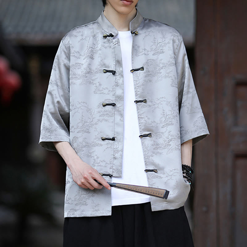 Buddha Stones Summer Pine Tree Mountain Pattern Half Sleeve Frog-Button Design Men's Shirt - image 10