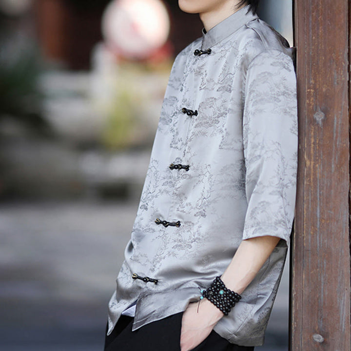 Buddha Stones Summer Pine Tree Mountain Pattern Half Sleeve Frog-Button Design Men's Shirt - image 14