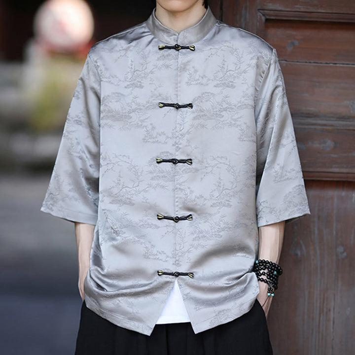 Buddha Stones Summer Pine Tree Mountain Pattern Half Sleeve Frog-Button Design Men's Shirt - image 11