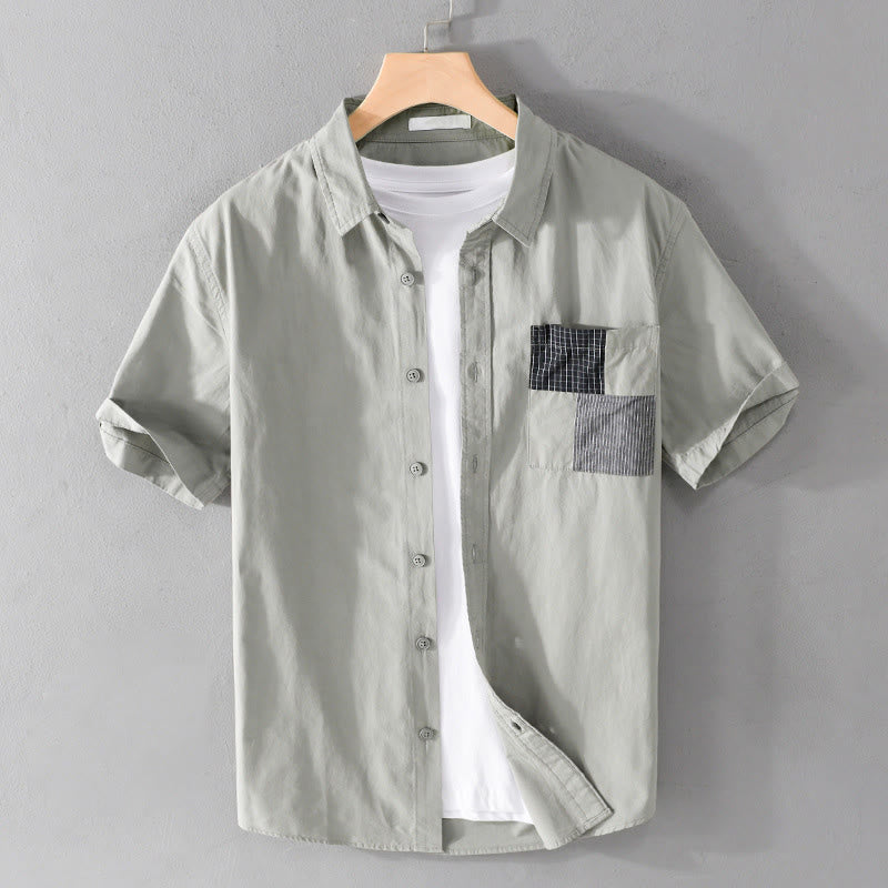 Buddha Stones Summer Buttons Square Striped Color Blocking Decorative Pocket Men's Short Sleeve Cotton Shirt - Honeydew - US/UK/AU40，EU50 (3XL) - image 0