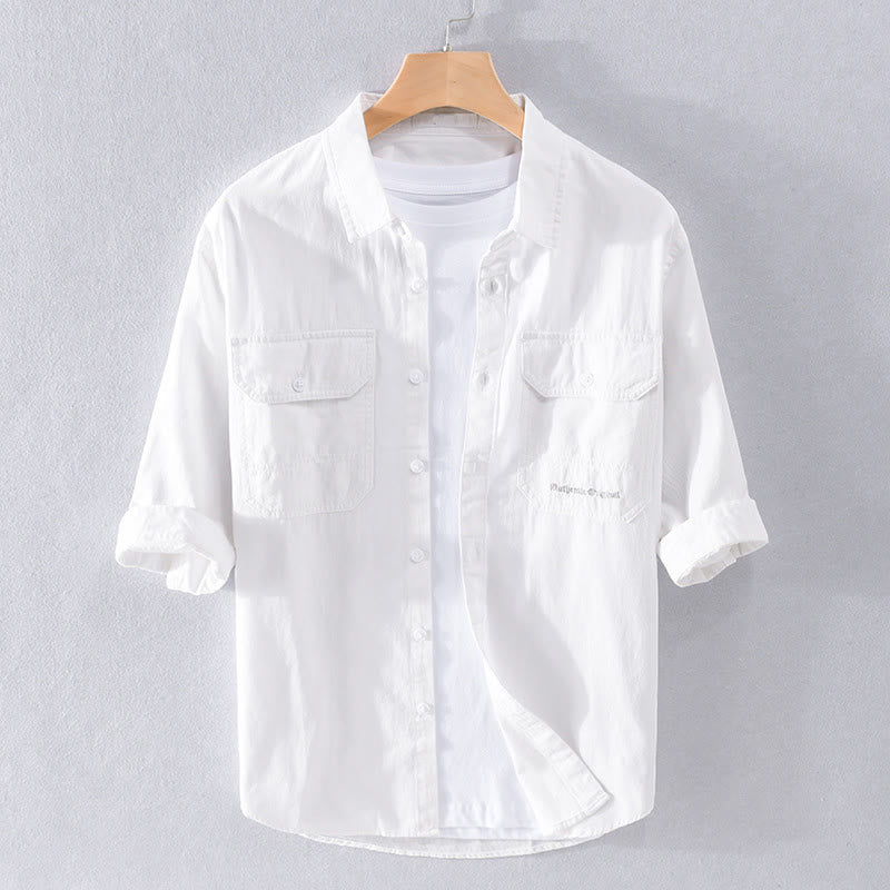 Buddha Stones Summer Buttons Down Two Decorative Pockets Men's Half Sleeve Cotton Shirt - White - US/UK/AU40，EU50 (3XL) - image 12