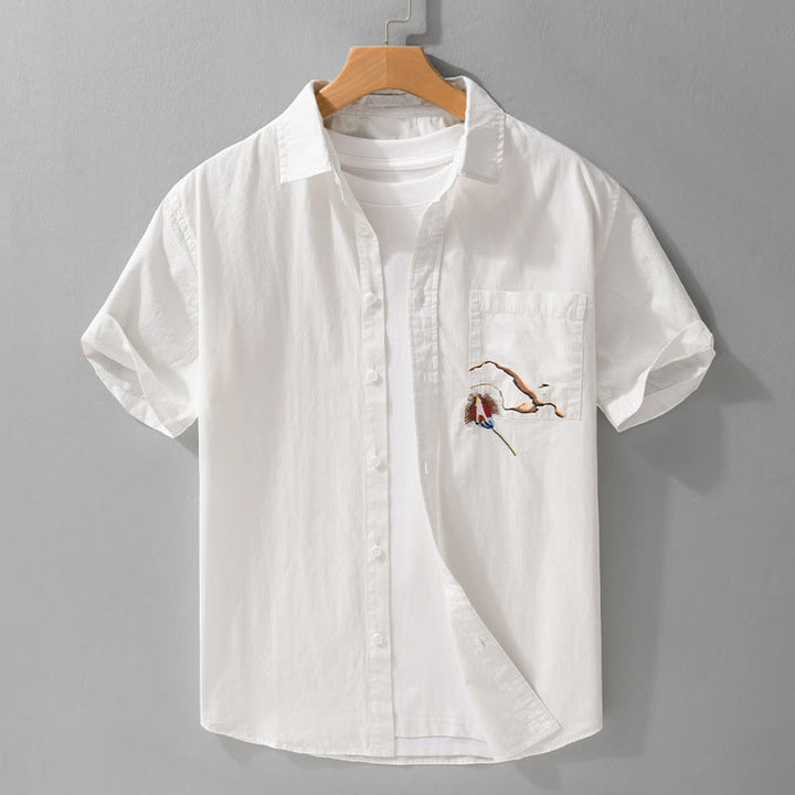 Buddha Stones Summer Buttons Down Bird Embroidery Decorative Pocket Men's Short Sleeve Cotton Shirt - White - US/UK/AU40，EU50 (3XL) - image 0