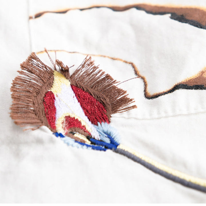 Buddha Stones Summer Buttons Down Bird Embroidery Decorative Pocket Men's Short Sleeve Cotton Shirt - image 7