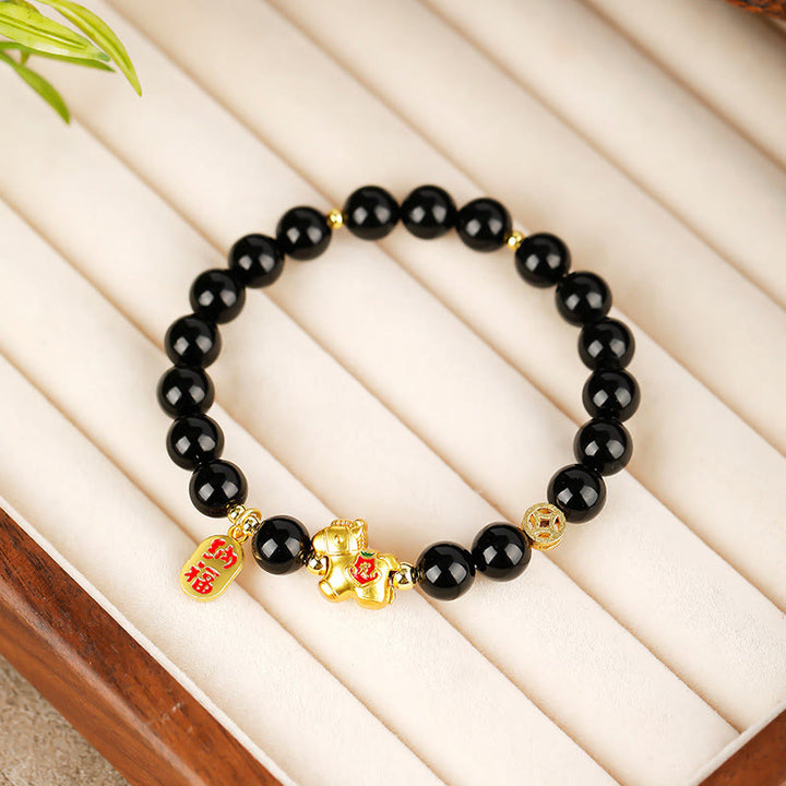 Buddha Stones Year Of The Horse Black Obsidian Strength Bracelet - image 1