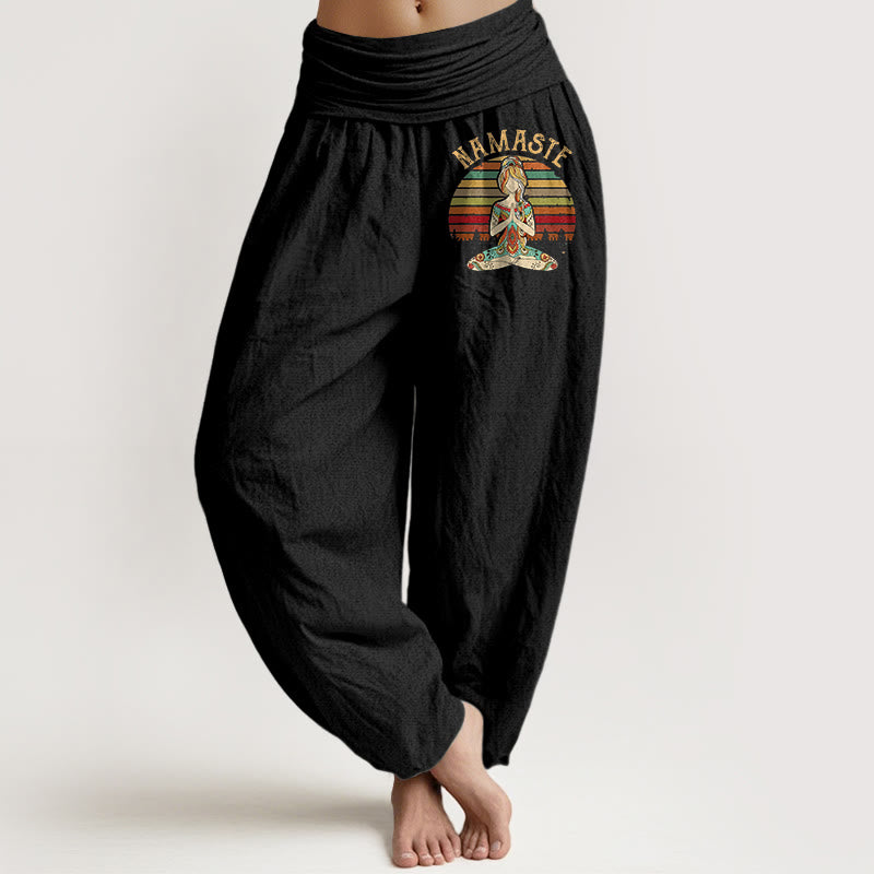 Buddha Stones Colored Stripes Lotus Meditation Figure Pattern Namaste Women's Harem Pure Cotton Pants - Black - US16，UK/AU20，EU48 (3XL) - image 0