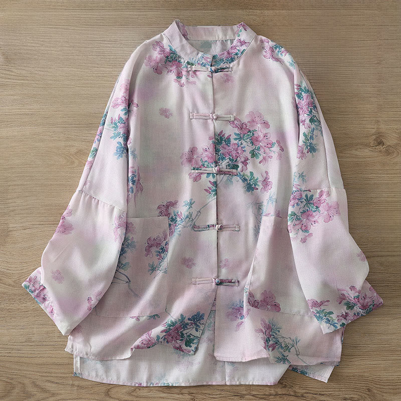 Buddha Stones Fall Purple Floral Green Leaves Print Frog-Button Stand Collar Long Sleeve Women's Cotton Shirt - LavenderBlush - US14，UK/AU18，EU46 (2XL) - image 0