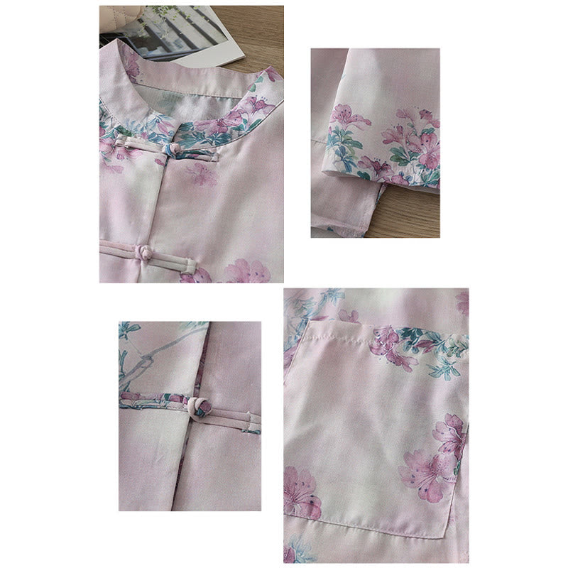 Buddha Stones Fall Purple Floral Green Leaves Print Frog-Button Stand Collar Long Sleeve Women's Cotton Shirt - image 2