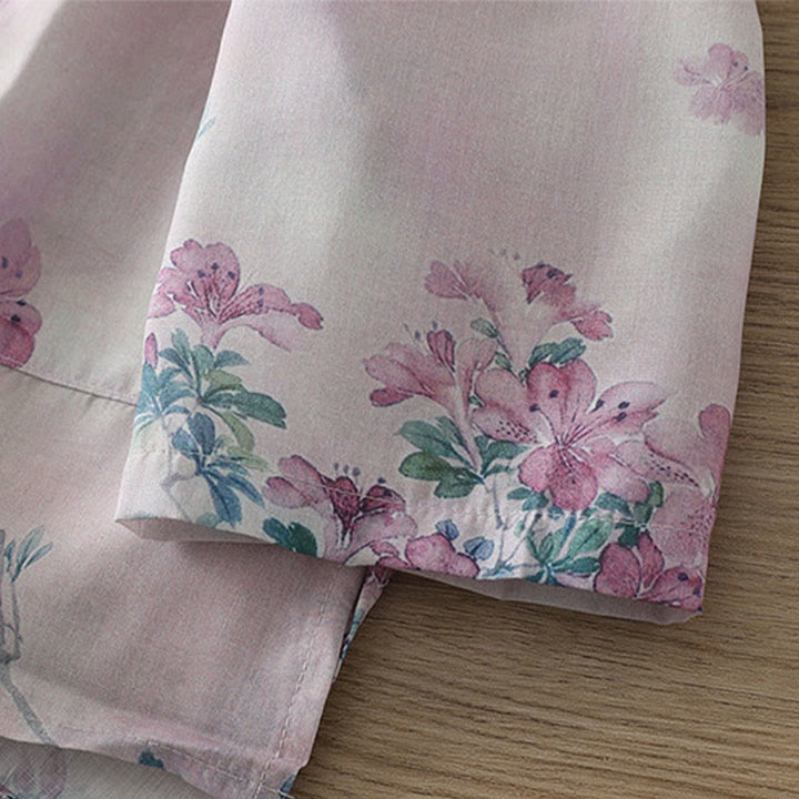 Buddha Stones Fall Purple Floral Green Leaves Print Frog-Button Stand Collar Long Sleeve Women's Cotton Shirt - image 9