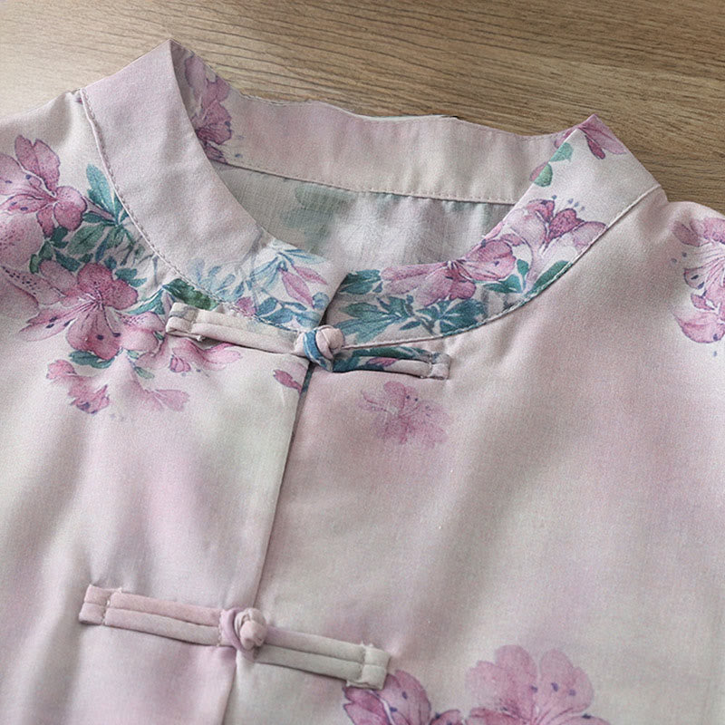 Buddha Stones Fall Purple Floral Green Leaves Print Frog-Button Stand Collar Long Sleeve Women's Cotton Shirt - image 3