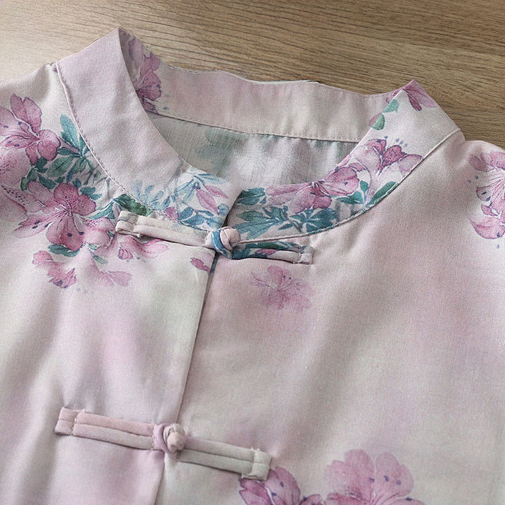 Buddha Stones Fall Purple Floral Green Leaves Print Frog-Button Stand Collar Long Sleeve Women's Cotton Shirt - image 3