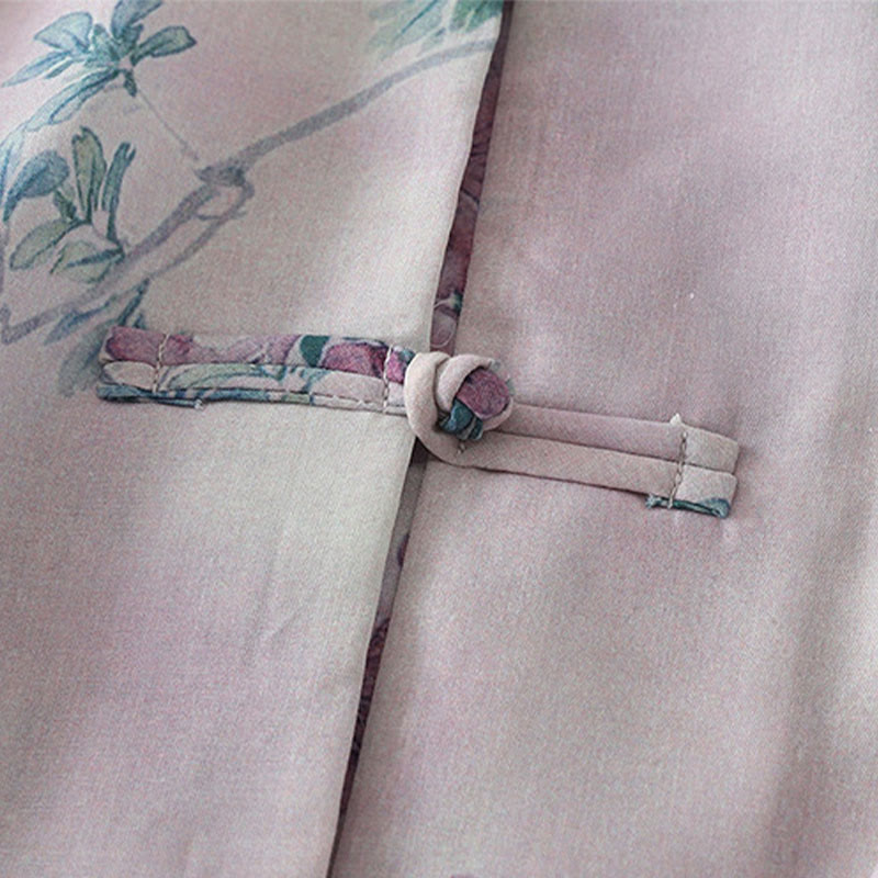 Buddha Stones Fall Purple Floral Green Leaves Print Frog-Button Stand Collar Long Sleeve Women's Cotton Shirt - image 5