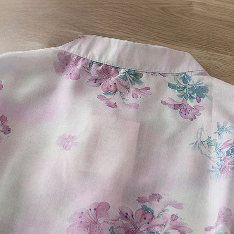 Buddha Stones Fall Purple Floral Green Leaves Print Frog-Button Stand Collar Long Sleeve Women's Cotton Shirt - image 4