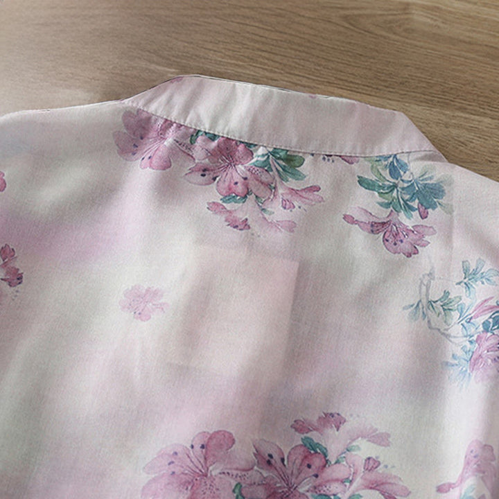 Buddha Stones Fall Purple Floral Green Leaves Print Frog-Button Stand Collar Long Sleeve Women's Cotton Shirt - image 4