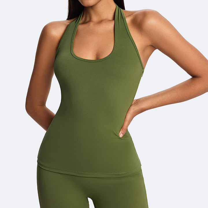 Buddha Stones Solid Crop Halter Backless Sleeveless Top Straight Leg Pants For Sports Fitness Yoga - OliveDrab(Top Only) - US14，UK/AU18，EU46 (2XL) - image 7
