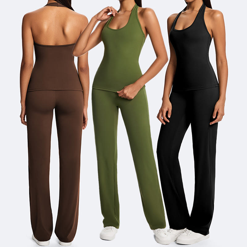 Buddha Stones Solid Crop Halter Backless Sleeveless Top Straight Leg Pants For Sports Fitness Yoga - image 29