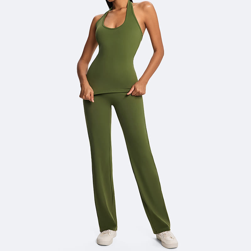 Buddha Stones Solid Crop Halter Backless Sleeveless Top Straight Leg Pants For Sports Fitness Yoga - image 15