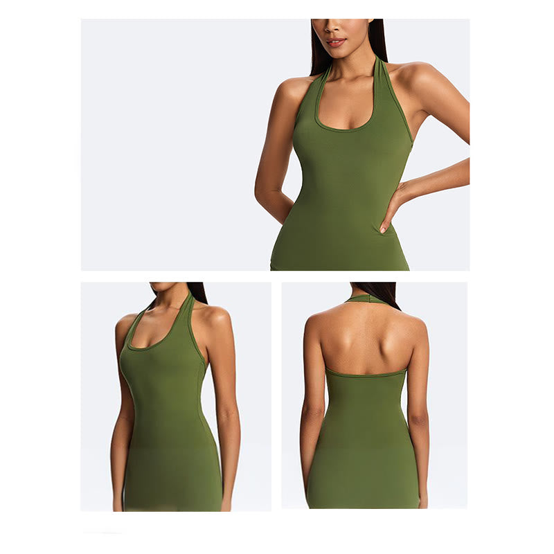 Buddha Stones Solid Crop Halter Backless Sleeveless Top Straight Leg Pants For Sports Fitness Yoga - image 18